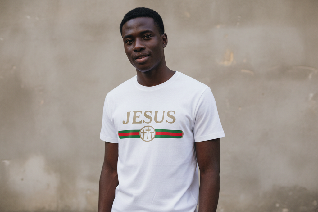 Jesus White Tee on Young Handsome Black Model